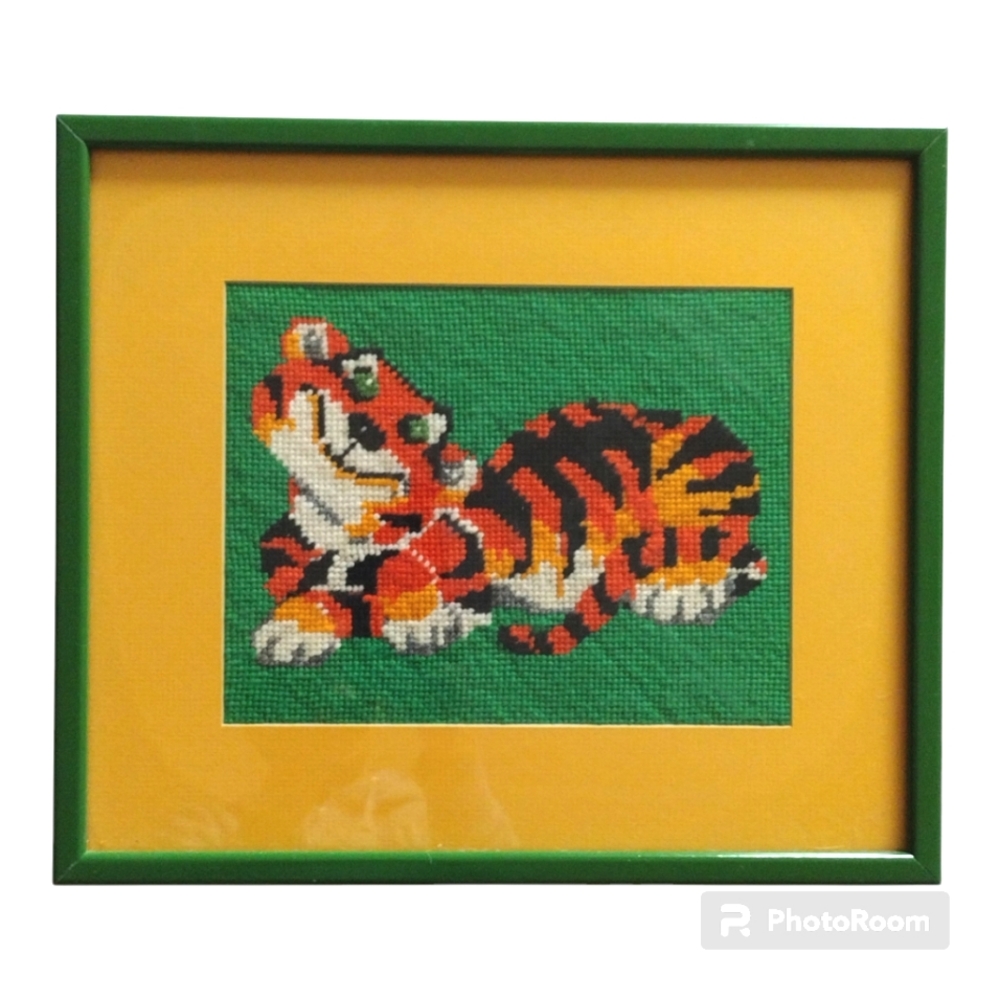 Glass Framed Colorful Tiger Needlepoint Art Printed Matted Green Orange